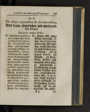 Tit. II. De rebus corpralibus & incorporalibus.