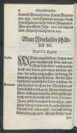 Wem Aderlassen schädlich sey. Das IIII. Capitel.