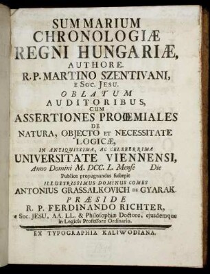 Summarium Chronologiæ Regni Hungariæ