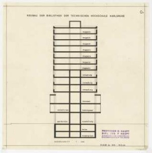 Hochschulbibliothek, Karlsruhe Neubau: Vorprojekt: Neubau der Bibliothek. Querschnitt, 1:200
