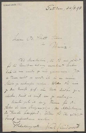Brief an B. Schott's Söhne : 24.08.1898