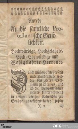 Anrede An die sämtliche Protestantische Geistlichkeit.