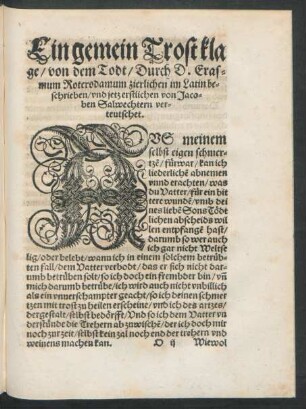 Ein gemein Trost klage/ von dem Todt/ Durch D. Erasmum Roterodamum zierlichen im Latin beschrieben/ und jetz erstlichen von Jacoben Salwechtern verteutschet.