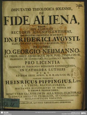 Disputatio Theologica Solennis, De Fide Aliena