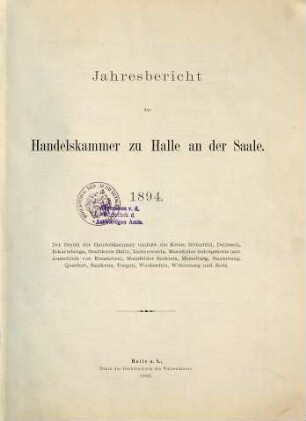 Jahresbericht der Handelskammer zu Halle. 1894 (1895)