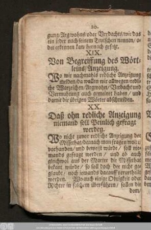 XX. Daß ohn redliche Anzeigung niemand soll Peinlich gefragt werden.