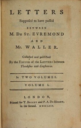 Letters Supposed to have passed Between M. de St. Evremond And Mr. Waller, 1
