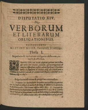 Disputatio XIV. De Verborum Et Literarum Obligationibus. Respondente Martino Meier ...