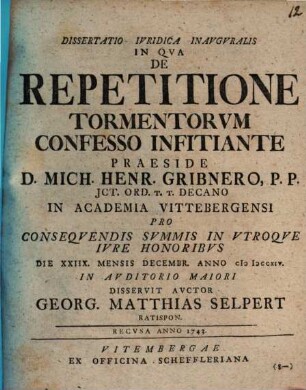 Dissertatio Ivridica Inavgvralis In Qva De Repetitione Tormentorvm Confesso Infitiante