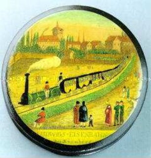 Lackdose mit einer Darstellung der Ludwigs-Eisenbahn bei Nürnberg