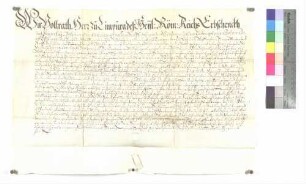 Vollrat, Herr zu Limpurg, Reichserbschenk, belehnt Johann Jakob Thwinger, des Rats und Stättmeister zu Gmünd, als Träger des Magistrats zu Gmünd, mit der Überschlagmühle zu Gmünd.
