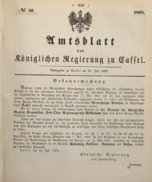 № 36. Ausgegeben zu Cassel am 25. Juli 1868.
