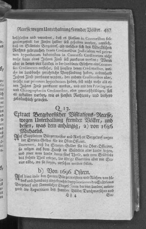 Q 13. Extract Bergedorfischer Visitations=Recesse, wegen Unterhaltung fremder Völker, und dessen, was dem anhängig, a) von 1686 Michealis.