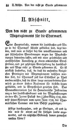 II. Abschnitt. Von den nicht zu Stande gekommenen Wegereglements für die Churmark.