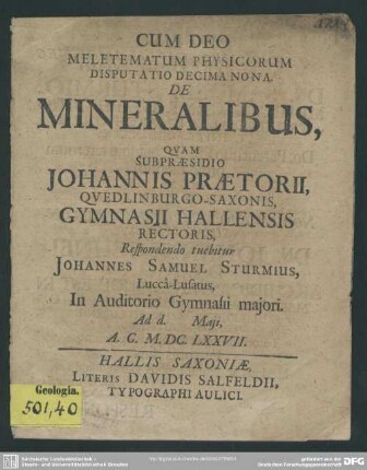 Meletematum Physicorum Disputatio decima nona. de mineralibus