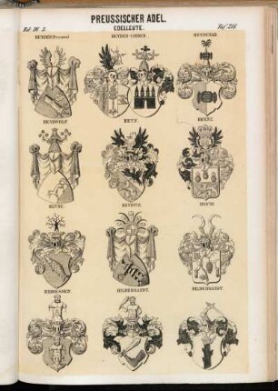 Taf. 218. Heyden (Preuss.). - Heyden-Linden. - Heydenab. - Heydwolf. - Heyn. - Heyne. - Heyne. - Heynitz. - Heyse. - Hiddessen. - Hildebrandt. - Hildebrandt