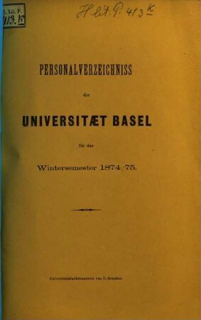 Personal-Verzeichnis der Behörden, Lehrer, Studierenden, akademischen Sammlungen, Anstalten, Kliniken und Seminare. 1874/75, WS