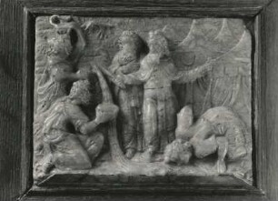 Moses schlägt Wasser aus dem Felsen : Moses schlägt Wasser aus dem Felsen. Alabaster; 95 x 125 mm (1551/1600). Zwickau: Städtisches Museum V71/7/K3