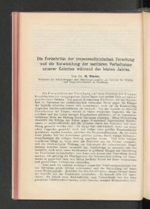 Die Fortschritte der tropenmedizinischen Forschung und die Entwicklung der sanitären Verhältnisse unserer Kolonien während des letzten Jahres.
