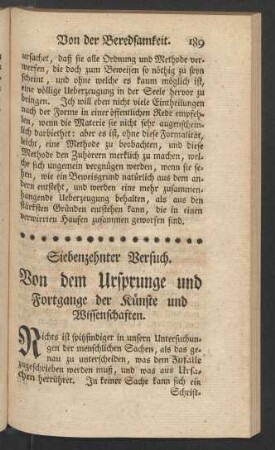Siebenzehnter Versuch. Von dem Ursprunge und Fortgange der Künste und Wissenschaften