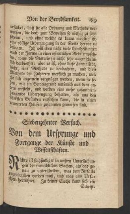 Siebenzehnter Versuch. Von dem Ursprunge und Fortgange der Künste und Wissenschaften