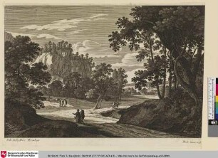 [Waldlandschaft mit Wanderern, Hirten und Anglern]