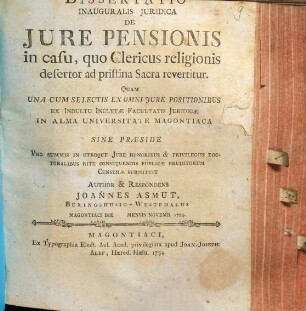Diss. inaug. iuridica de iure pensionis in casu, quo clericus religionis desertor ad pristina sacra revertitur