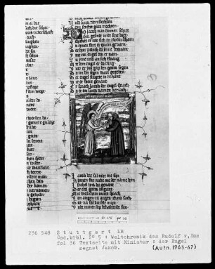 Weltchronik des Rudolf von Ems — Der Engel segnet Jakob, Folio 36recto