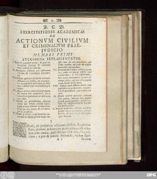 Exercitationis Academicae De Actionum Civilium Et Criminalium Praeiudicio Membri Primi Succincta Repraesentatio.