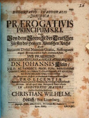 Disp. inaug. ... de praerogativis principum S. R. I.