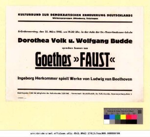 Originaltitel: Dorothea Volk u. Wolfgang Budde sprechen Szenen aus Goethes "Faust" Ingeborg Herkommer spielt Werke von Ludwig van Beethoven