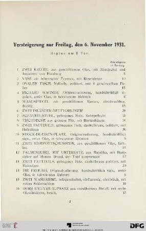 Versteigerung nur Freitag, den 6. November 1931, Beginn um 3 Uhr (Nr. 1-289)