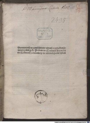 Sermonarium de commendatione virtutum et reprobatione vitiorum : mit Widmungsbrief an Hieronymus Torniellus von Raphael Peragallus