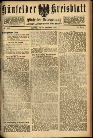 Ausgabe vom Samstag, den 30. September 1922.