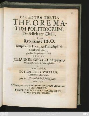 Palaestra Tertia Theorematum Politicorum, De felicitate Civili,