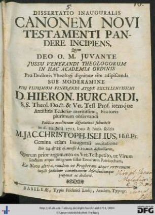 Dissertatio Inauguralis Canonem Novi Testamenti Pandere Incipiens