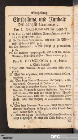 Eintheilung und Innhalt der gantzen Grammatic