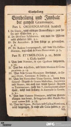Eintheilung und Innhalt der gantzen Grammatic