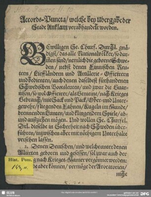 Accords-Puncta, welche bey Ubergabe der Stadt Anklam verabhandelt worden