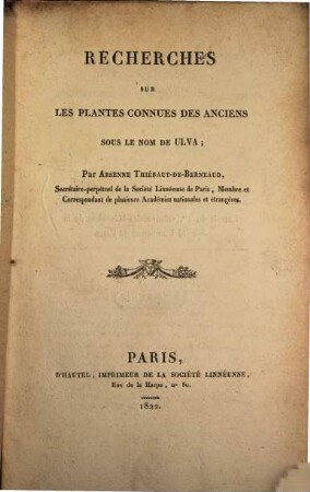 Recherches sur les plantes connues des anciens sous le nom de Ulva