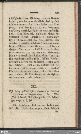 XIX. Diss. inaug. philos. sistens Examen de Electricitate Corporum organicorum. Auct. Edm. Jos. Schmuck, Heidelbergensis. Heidelbergae 1791. 4. S. 36