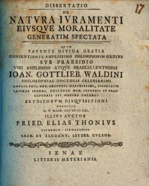 Diss. de natura iuramenti eiusque moralitate generatim spectata
