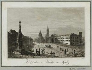 Ansicht vom Schlossplatz mit Kirche und Pestsäule in Teplitz, Radierung. 1840 : Schlossplatzl u. Kirche zu Teplitz/ Witthöft sc. - Dresden : Otto u. Lehmann, [ca. 1840]. - 1 Kunstblatt : Radierung ; 11,0 x 7,3 cm