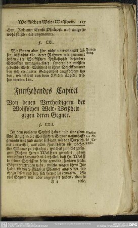 Funfzehendes Capitel Von denen Vertheidigern der Wolffischen Welt-Weißheit gegen deren Gegner