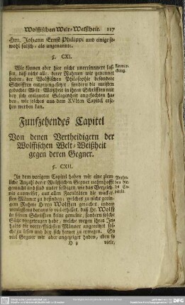 Funfzehendes Capitel Von denen Vertheidigern der Wolffischen Welt-Weißheit gegen deren Gegner