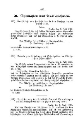 Ausschluß von Freischülern in den Vorschulen der Gymnasien : [III. Gymnasien und Realschulen]