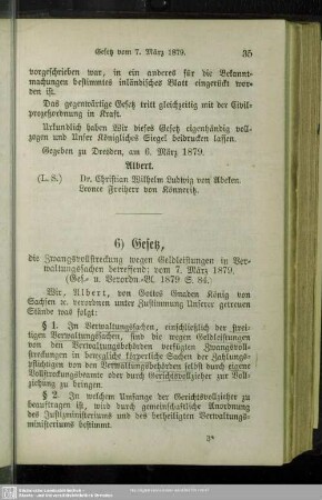 6) Gesetz, die Zwangsvollstreckung wegen Geldleistungen in Verwaltungssachen betreffend; vom 7. März 1879