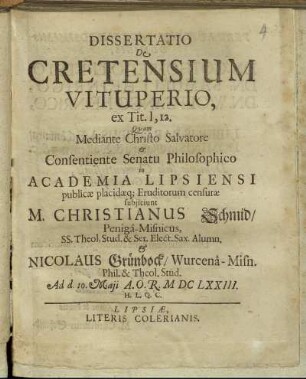 Dissertatio De Cretensium Vituperio, ex Tit. I, 12.