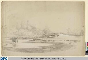 Landschaft mit Fluss und Häusern