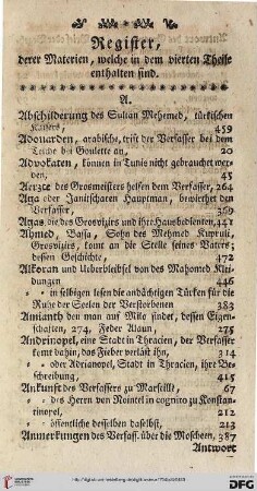 Register, derer Materien, welche in dem vierten Theile enthalten sind